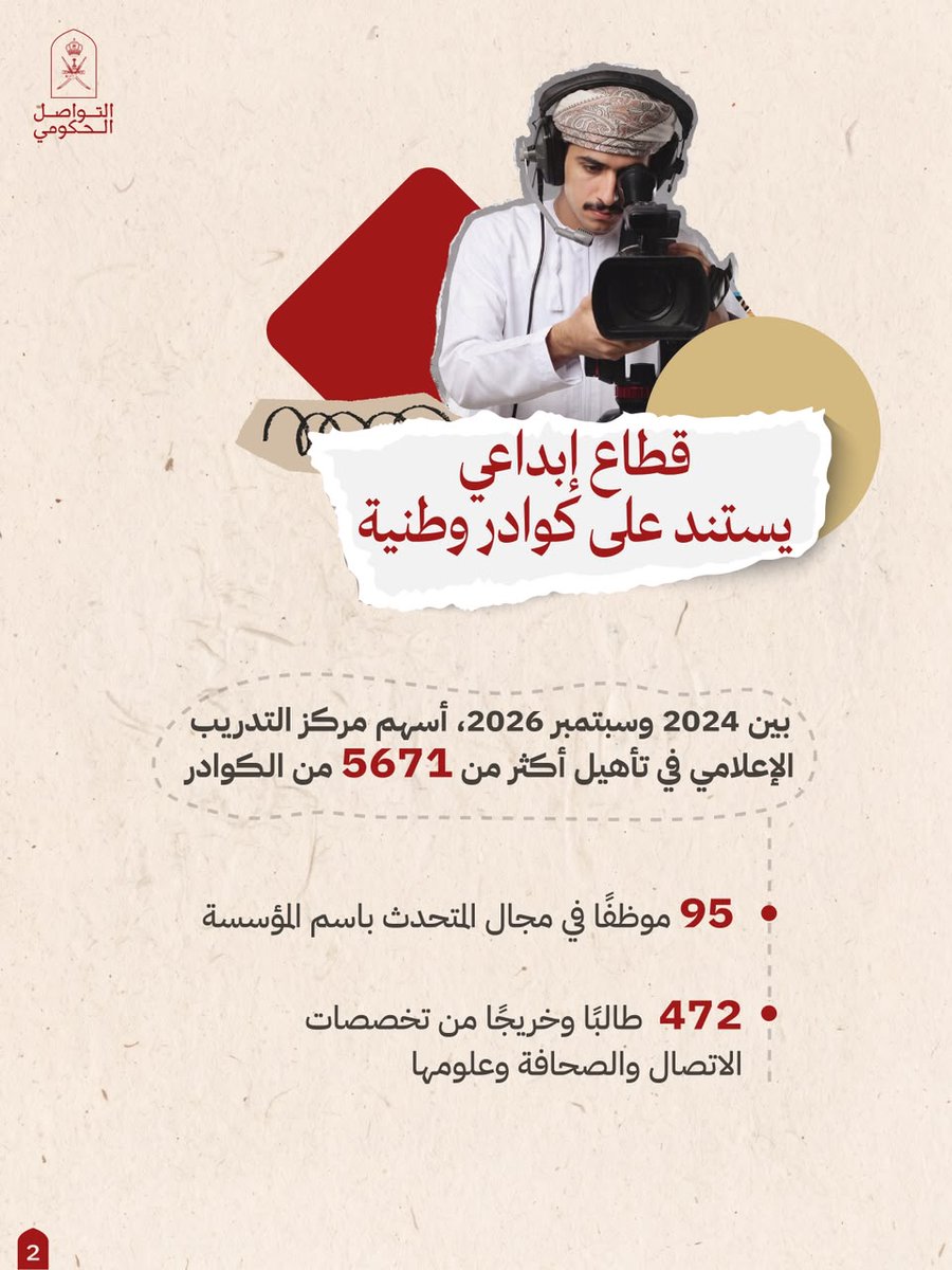 Oman_GC's tweet photo. صوتٌ يعبر عن عُمان، وصورةٌ تنقل حكايتها إلى العالم..
إعلام عُماني يصنع حضوره بكفاءات وطنية، ومحتوى يتجدد، ومنصات تفتح آفاقًا أوسع.

#التواصل_الحكومي https://t.co/OSjw0iQ1tZ