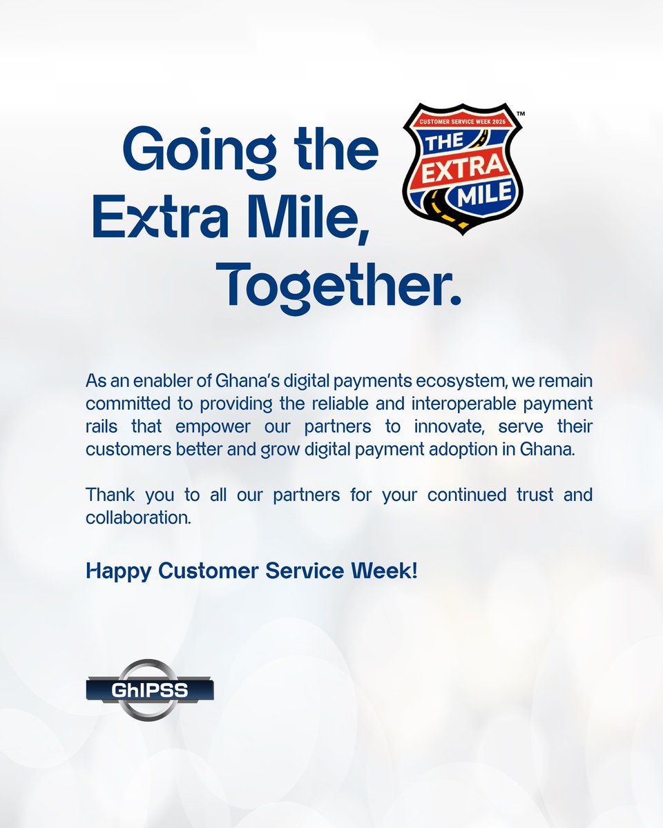 ghipss_official's tweet photo. To every customer we serve, and every partner who stands with us in doing so - ayekoo! 💙

We appreciate you.

#GhIPSS #InfrastructureFirst #Enabler #CustomerServiceWeek2026 https://t.co/Vk99XktdlP