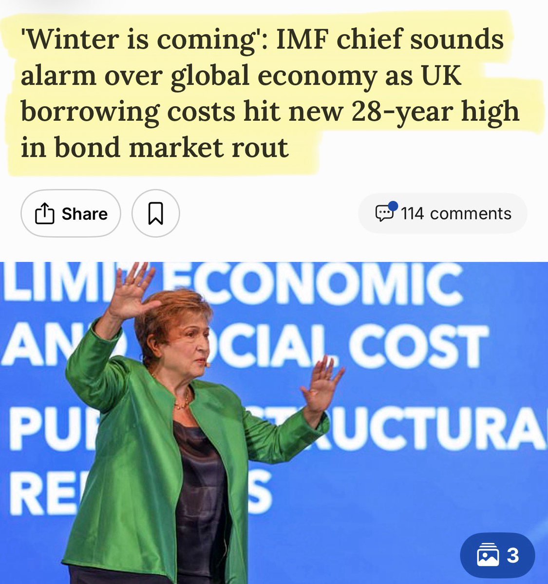 Artemisfornow's tweet photo. IMF warns “winter is coming” and now I’m furious!

Seriously? The IMF, UN and the other unelected globalists demanded governments accelerate their Agenda 2030 including crippling Net Zero policies.

The IMF explicitly gave the UN Sustainable Development Goals its “full support.” Including the movements of millions of “climate migrants” 

Now we’re drowning in debt, economies are on their knees and UK 30 year borrowing costs have hit a 28 year high and suddenly the IMF has noticed?

THEY all  demanded an economic revolution costing countries £TRILLIONS. Then made a vast industry out of funding industries almost entirely dependent on public subsidies.

And now they look shocked that countries are wankered ‼️