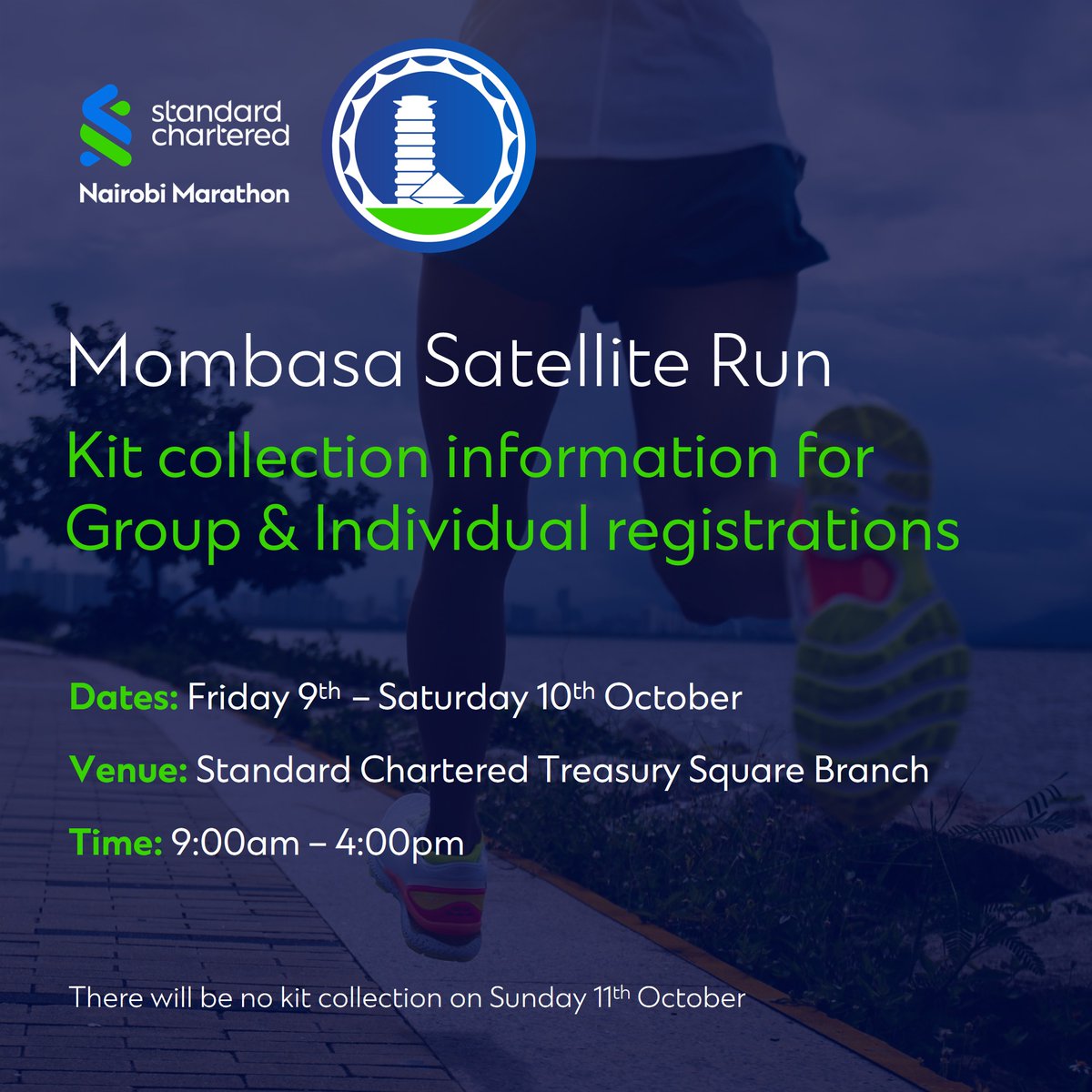 StanChartKE's tweet photo. Participants registered for the Mombasa Satellite Run can collect their race kits from Friday 9 October to Saturday 10 October at our Treasury Square branch between 9:00am and 4:00pm.

Be sure to collect your kit ahead of race day.

#StanChartNairobiMarathon https://t.co/da1PJLU6tV