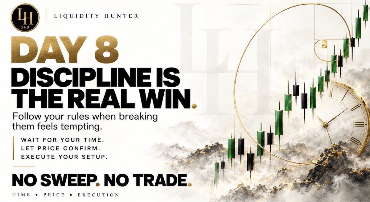LiqHunter_369's tweet photo. DAY 8 🎯

The real win is following your rules when breaking them feels tempting.

Wait for your time.
Let price confirm.
Execute your setup.

Consistency begins with the decisions nobody sees.

NO SWEEP. NO TRADE.

#LiquidityHunter #TradingDiscipline #NQ https://t.co/BYvuo2gAGK
