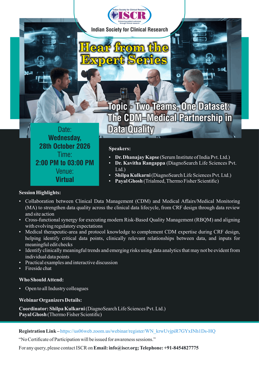 iscrindia's tweet photo. 📝 Two Teams, One Dataset: The CDM–Medical Partnership in Data Quality | ISCR CDM Council
📅 28th Oct 2026 | 2:00-3:00 PM IST | Virtual

Hear from the Expert Series on how Clinical Data Management and Medical Affairs can work together on data quality, RBQM and CRF design. https://t.co/bFaavkYOpd