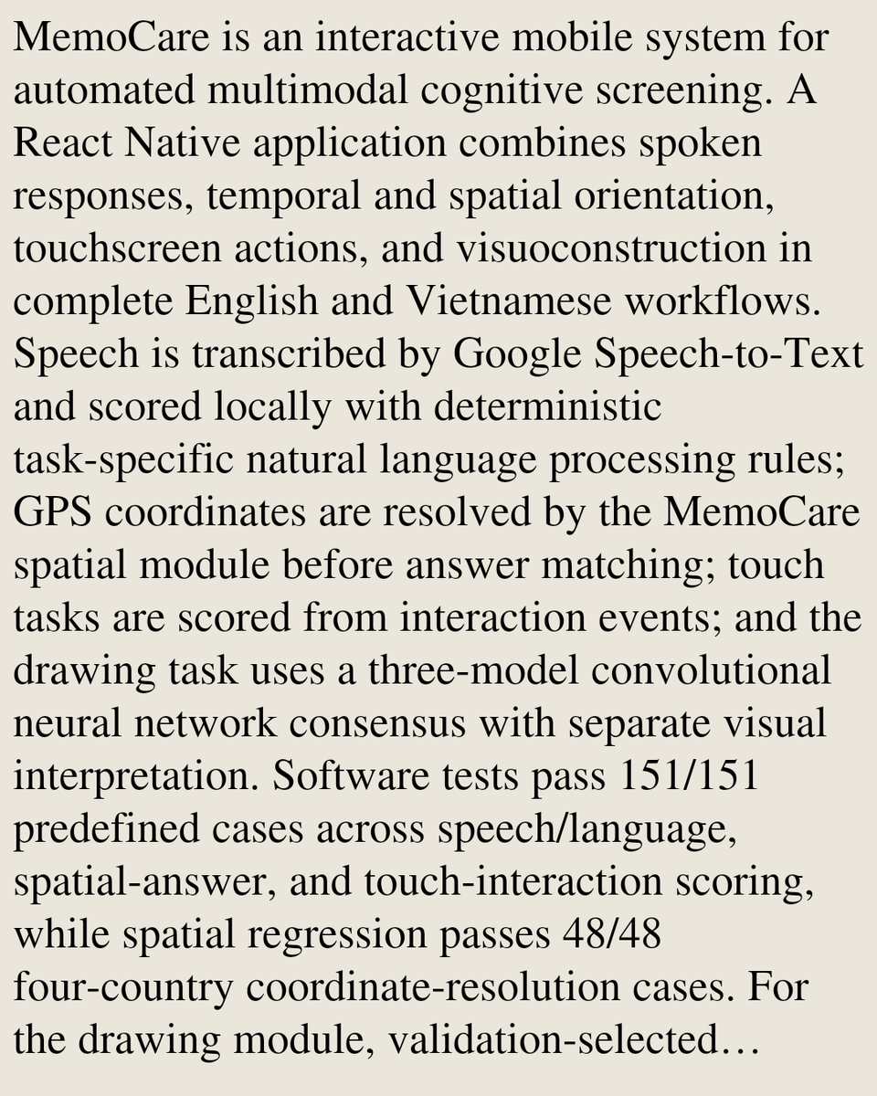 MultimediaPaper's tweet photo. MemoCare: An Interactive Multimodal Mobile System for Automated Cognitive Screening

Duy-Cat Can, Mau Minh Phuc Le, Tuan-Khoa Hoang, Hai-Dang Nguyen, Trung-Hieu Do, Dang Minh Ly, …
https://t.co/cDMGC0XrKN [𝚌𝚜.𝙼𝙼 𝚌𝚜.𝙲𝚅 𝚌𝚜.𝙷𝙲]
💬Submitted to the MMM 2027 Demo Track https://t.co/Aq5l49bcSa