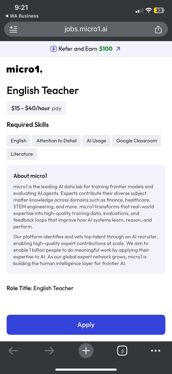 divawears1's tweet photo. If you teach English in the US and Google Classroom is basically part of your daily life, this one is worth a look

micro1 is hiring English Teachers for a remote AI evaluation project paying $15–$40/hr.

You’ll use AI assistants for everyday teaching tasks, then review the responses for grammar, tone, clarity, accuracy, and whether the instructions were followed properly.

Apply here: https://t.co/2RJtHtumvb