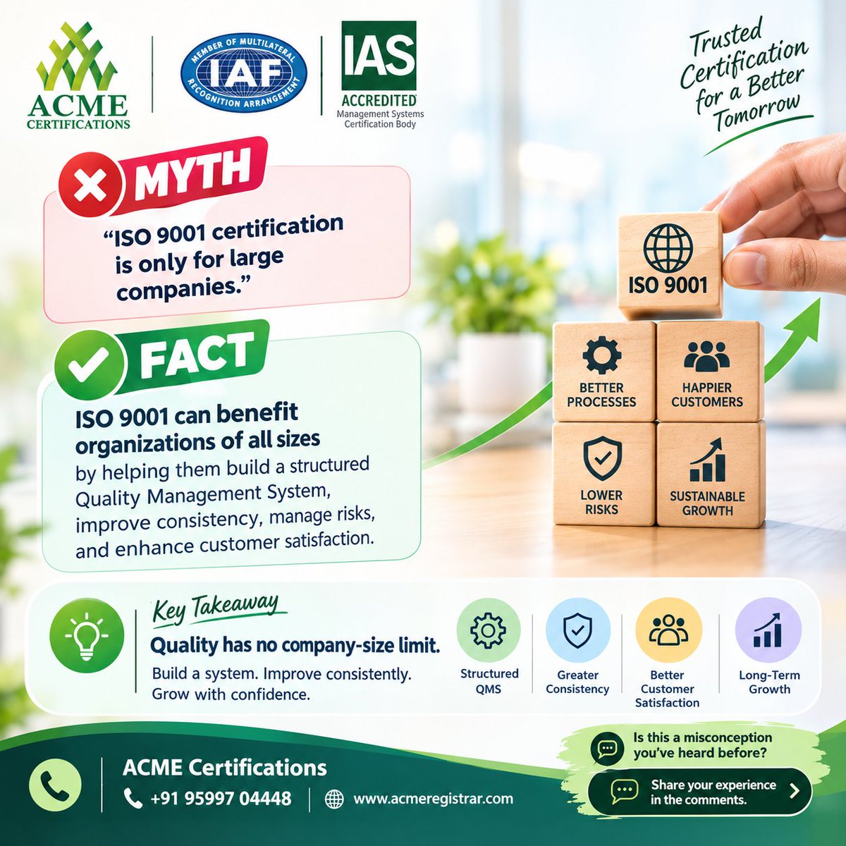 acmecert's tweet photo. Is this a misconception you’ve heard before? Share your experience in the comments.
#ACMECertifications #ISO9001 #MythVsFact #QualityManagement #QMS #ISO #QualityManagementSystem #ContinualImprovement #BusinessGrowth #ISOStandards https://t.co/8oMQWFf58Y