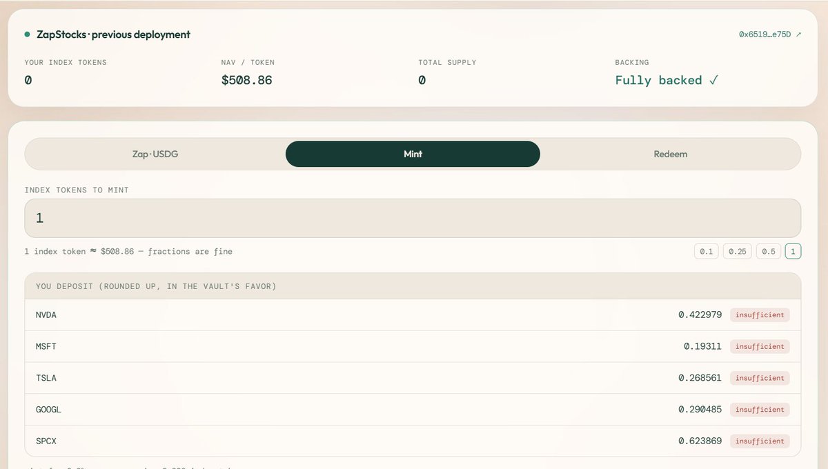 ZapStocksApp's tweet photo. we welcome you to test our v1 release on Robinhood before v2 release on ZapStocks.

here is how Zap feature works :

1 ) Deposit the basket, mint the Index token
2 ) Our agent manages strategy rotates the weights on schedule
3 ) Redeem anytime by burning the index token you minted.

Take every stock back in one transaction. No queue, no permission, no pause switch.

try it https://t.co/35HBEe7dTQ powered by $ZST