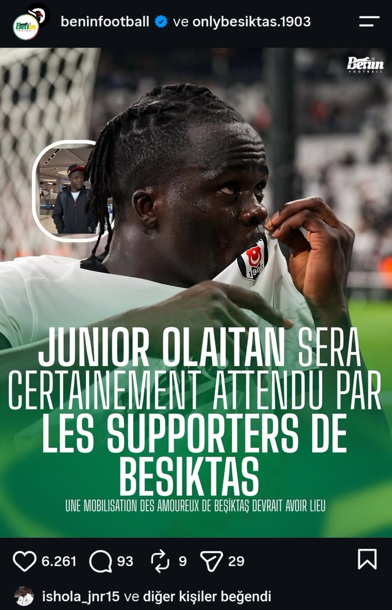 _bjkhabers's tweet photo. Junior Olaitan'nın beğendiği paylaşım:

"Junior Olaitan, bu Perşembe günü saat 16.20 civarında İstanbul Havalimanı’na gelecek.

Sosyal medyada Beşiktaş taraftarları arasında Olaitan için güçlü bir karşılama organizasyonu düzenlenmesi yönünde çağrılar yapılıyor.

Birkaç taraftar grubunun, havalimanında genç orta saha oyuncusunun hak ettiği sevgi, şefkat ve coşkuyla karşılamak için organizasyon hazırlığında olduğu belirtiliyor."