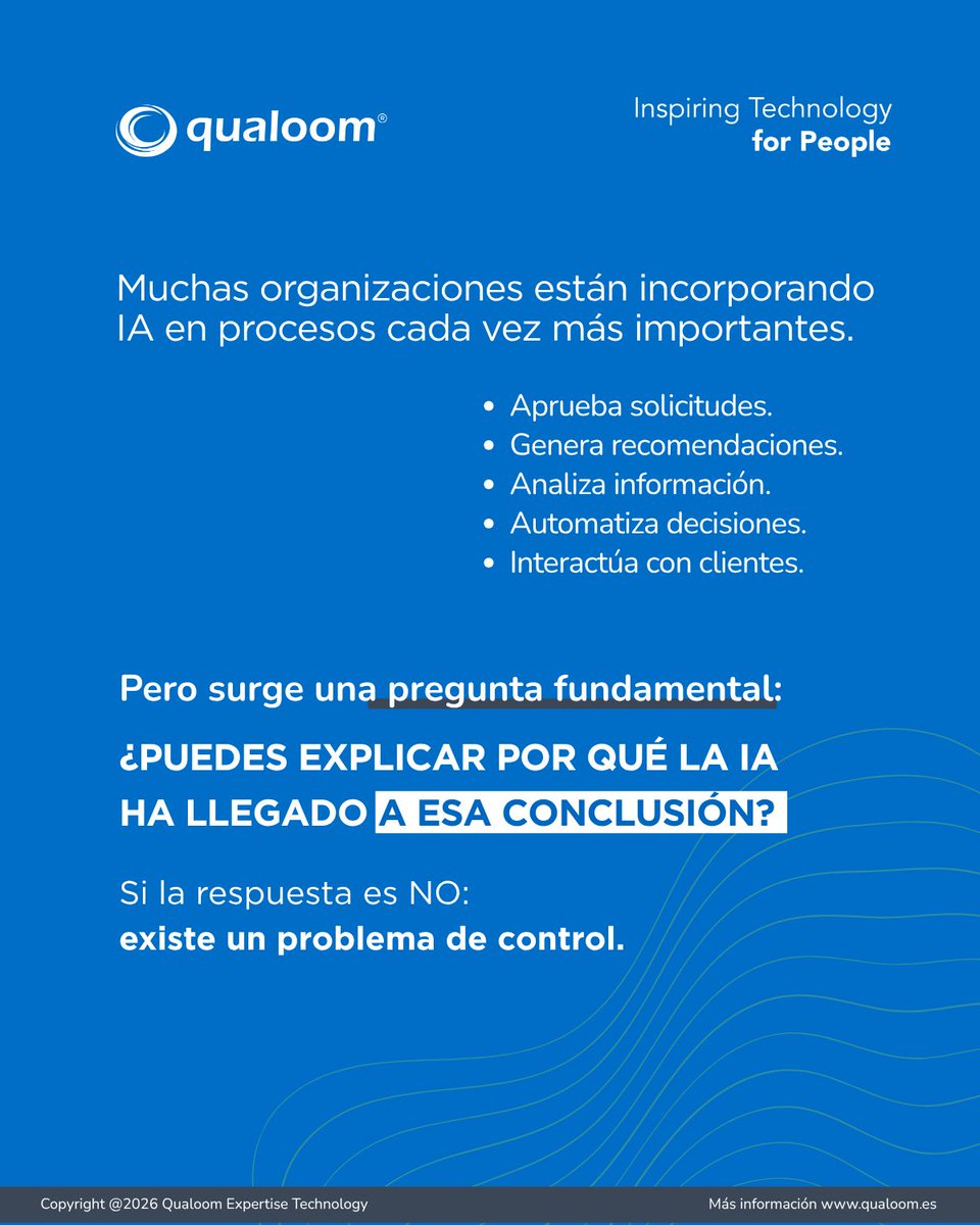 qualoom's tweet photo. Si no puedes auditar una IA, tampoco puedes supervisarla.

Y si no puedes supervisarla, difícilmente podrás gestionar sus riesgos.

La confianza en la IA se construye con trazabilidad, control y gobierno.

#IA #ISO42001 #AIAct #AuditoriaIA #Compliance https://t.co/OhcaHlk7Ya