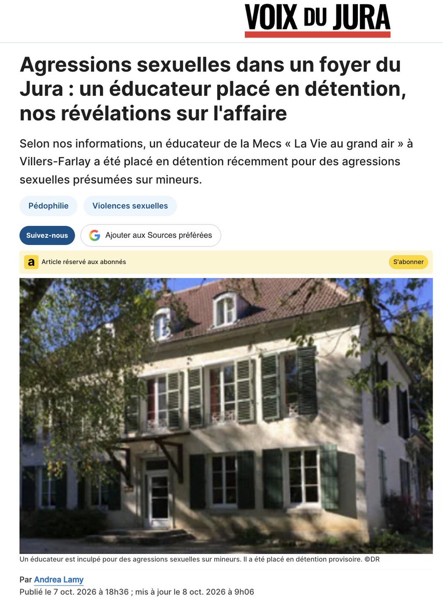 LyesLouffok's tweet photo. Dans un foyer de l’ASE du Jura, des enfants placés dénoncent des agressions sexuelles et des maltraitances commises par un éducateur. Mis en examen, il est placé en détention provisoire. https://t.co/8Zc5uaYkRa