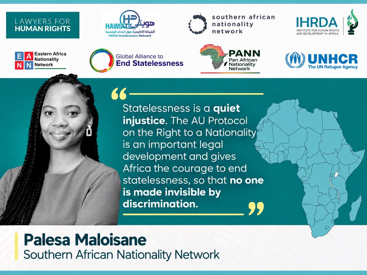 NetworkSouthern's tweet photo. Statelessness is not only about legal status. It shapes whether people can access documents, education, work, movement, and full participation in society.

Join us for this discussion at the NGO Forum in Dakar!

#ACHPR89 #RatifyR2NAfrica #EndStatelessness @LHR_SA https://t.co/oRs7WNp1Jo