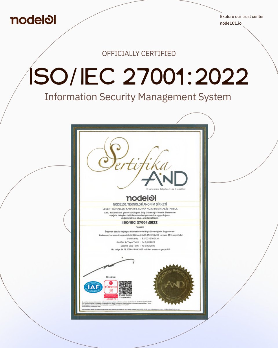 node_101's tweet photo. node101 is now ISO/IEC certified! 

We’re pleased to announce that all our RPC &amp; whitelabel services are now ISO/IEC 27001 certified. 

Trust is everything,
and no one should need to trust us. 

We thank all our partners and providers made this possible with us. https://t.co/vv5VMrOrBs