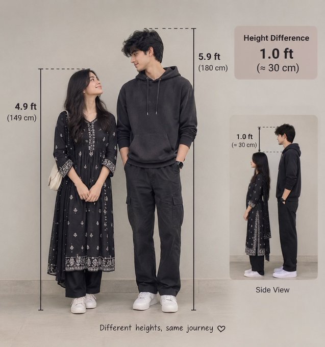 A height comparison graphic showing a woman at 4.9 ft (149 cm) and a man at 5.9 ft (180 cm) with a 1.0 ft (≈30 cm) height difference, captioned 'Different heights, same journey ♡'.