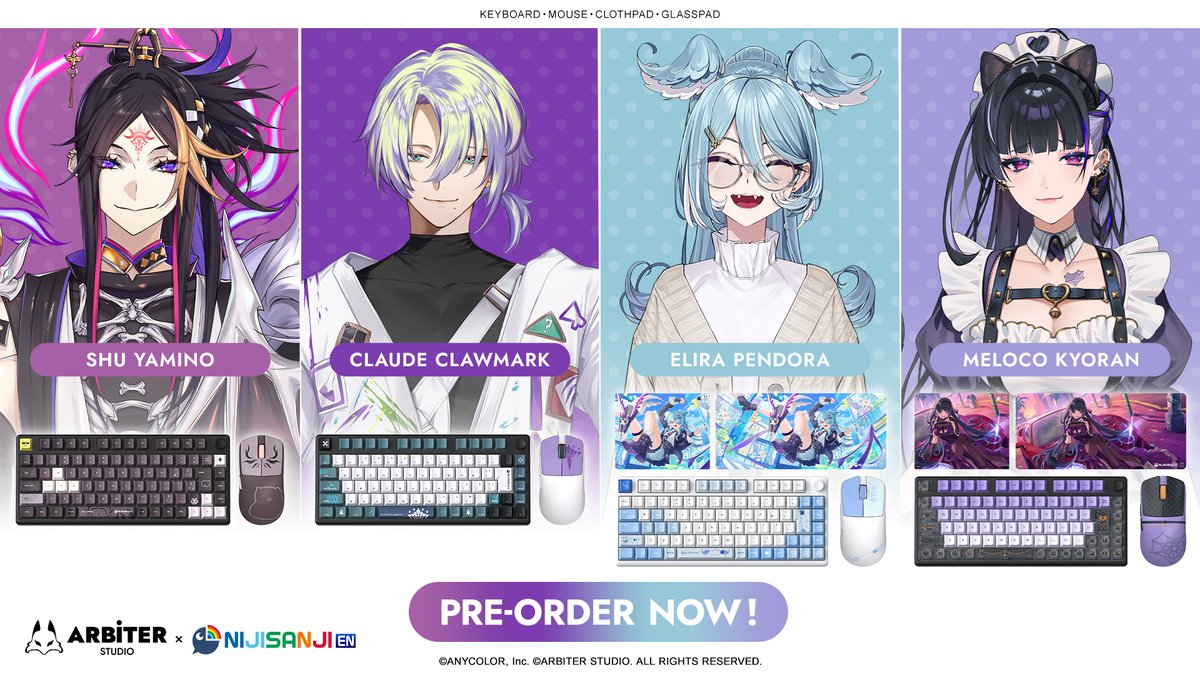 arbiterstudio's tweet photo. 🦊Arbiter Studio × NIJISANJI EN
Pre-orders for our collaboration gaming gear are now open!

Shu Yamino
Claude Clawmark
Meloco Kyoran
Elira Pendora