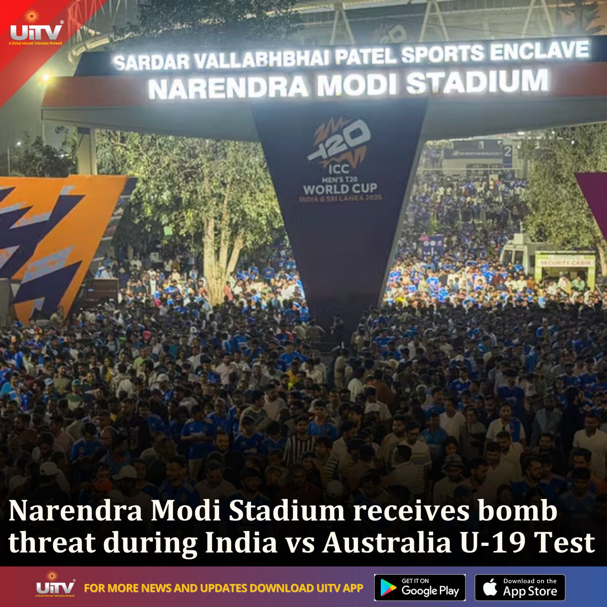 UiTV_Connect's tweet photo. A bomb threat was received at the Narendra Modi Stadium in Ahmedabad during the India U-19 vs Australia U-19 second Test match. As reported by Sportstar, both sets of players were still at the venue when the threat came. 

#NarendraModiStadium #IndiaU19 #AustraliaU19 #BombThreat https://t.co/uBcOTv1XKs