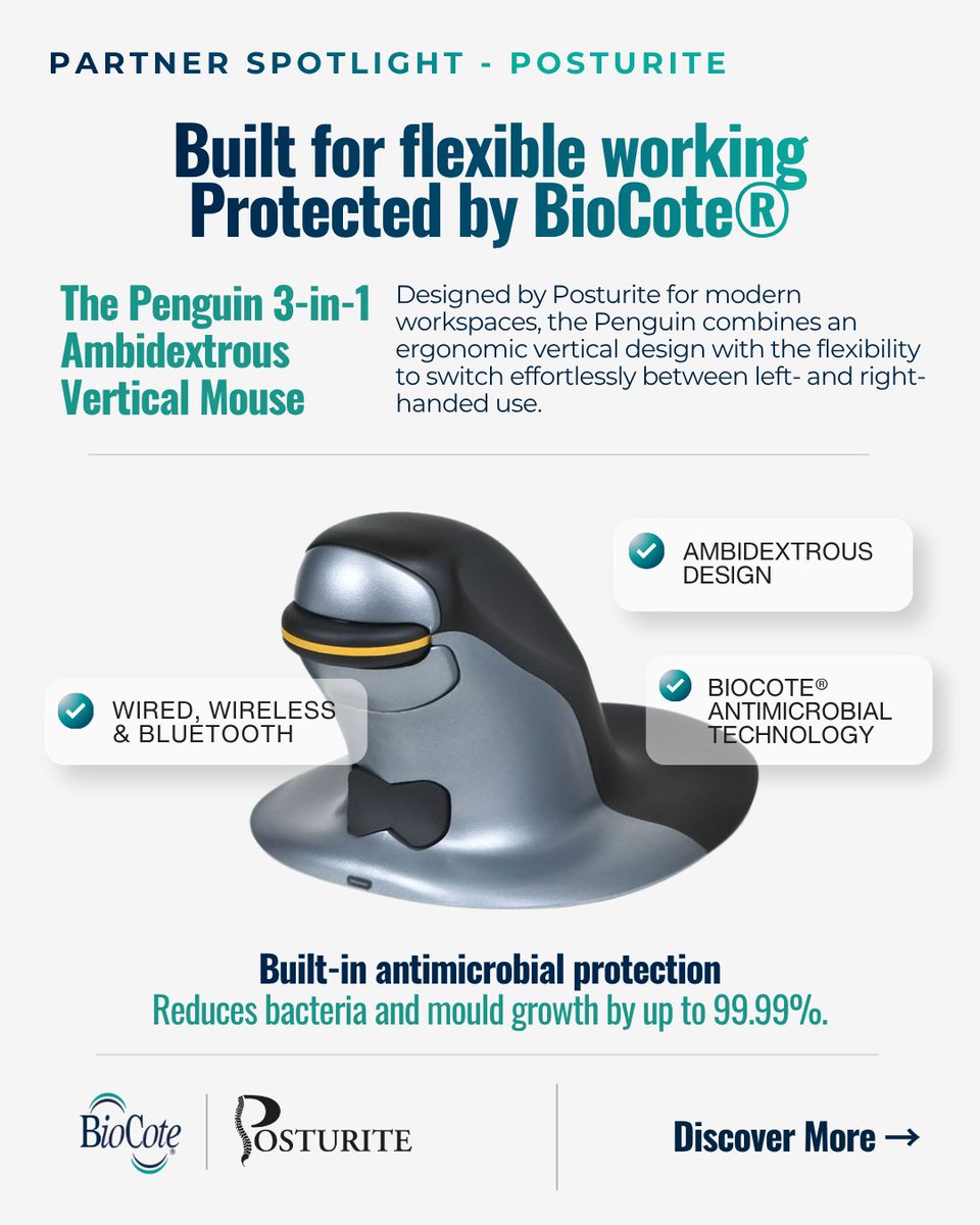 BioCote's tweet photo. Good product design goes beyond form and function.

@Posturite’s Penguin combines ergonomic, ambidextrous design with built-in BioCote® antimicrobial technology, adding lasting protection to an already distinctive workplace product.

Learn more: https://t.co/RCT3L7mwg2

#BioCote https://t.co/hjjL7p6OnB