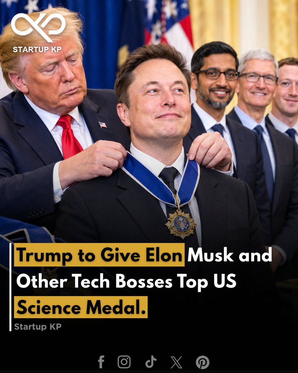 theStartupkp's tweet photo. President Donald Trump is set to award Elon Musk and other technology leaders the U.S. National Medal of Science.
#startup #thestartupkp #startupkp #elonmuskofficial #DonaldTrump #science #Technology #innovations #usa #technews #ScienceNews #TechLeaders https://t.co/eDVn0uun38