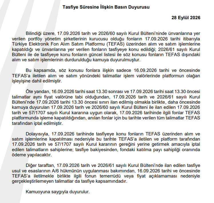 FighterVipeRR's tweet photo. 📌 𝗙𝗢𝗡𝗟𝗔𝗥𝗗𝗔 𝗢𝗗𝗘𝗠𝗘 𝗦𝗜𝗥𝗔𝗟𝗔𝗠𝗔𝗦𝗜

Fonlarla ilgili yapilan resmi aciklamalar sonrasinda benim cikarimim:

1️⃣ 𝗣𝗕𝗟𝗞 𝗢𝗟𝗔𝗡 𝟭 𝗠𝗜𝗟𝗬𝗢𝗡 𝗔𝗟𝗧𝗜𝗟𝗔𝗥
→ 14 Eylul'de satis verenler oncelikli olacak sekilde.
2️⃣ 𝗗𝗜𝗚𝗘𝗥 𝗣𝗕𝗟𝗞 𝗬𝗔𝗧𝗜𝗥𝗜𝗠𝗖𝗜𝗟𝗔𝗥𝗜
→ Buyuk tutarli yatirimcilar ayrica incelenecek/denetlenecek.
3️⃣ 𝗣𝗕𝗟𝗞 𝗗𝗜𝗦𝗜𝗡𝗗𝗔𝗞𝗜 𝟭 𝗠𝗜𝗟𝗬𝗢𝗡 𝗔𝗟𝗧𝗜 𝗬𝗔𝗧𝗜𝗥𝗜𝗠𝗖𝗜𝗟𝗔𝗥
→ Genel fon yatirimcilari.
4️⃣ 𝗧𝗔𝗦𝗙𝗜𝗬𝗘 𝗩𝗘 𝗞𝗔𝗟𝗔𝗡 𝗢𝗗𝗘𝗠𝗘𝗟𝗘𝗥
→ Tasfiye sureci ve kalan fon varligi kapsaminda diger odemeler.

⚠️ 𝗢𝗡𝗘𝗠𝗟𝗜:
Bu, henuz aciklanmis resmi bir odeme takvimi degil.

𝗥𝗘𝗦𝗠𝗜 𝗔𝗖𝗜𝗞𝗟𝗔𝗠𝗔𝗟𝗔𝗥𝗗𝗔𝗡 𝗬𝗔𝗣𝗧𝗜𝗚𝗜𝗠 𝗖𝗜𝗞𝗔𝗥𝗜𝗠𝗗𝗜𝗥.
Ancak mevcut aciklamalarin isaret ettigi odeme onceligi bana gore 𝗧𝗔𝗠 𝗢𝗟𝗔𝗥𝗔𝗞 bu yonde.

#TLY #TP2 #PHE #PBR #DFI #DOH #THF 

@terayatirim @TeraPortfoy @AtlasPortfoy @pardusportfoy @A1CapitalMenkul @BullsPortfoy @HedefPortfoy @pusulaportfoy