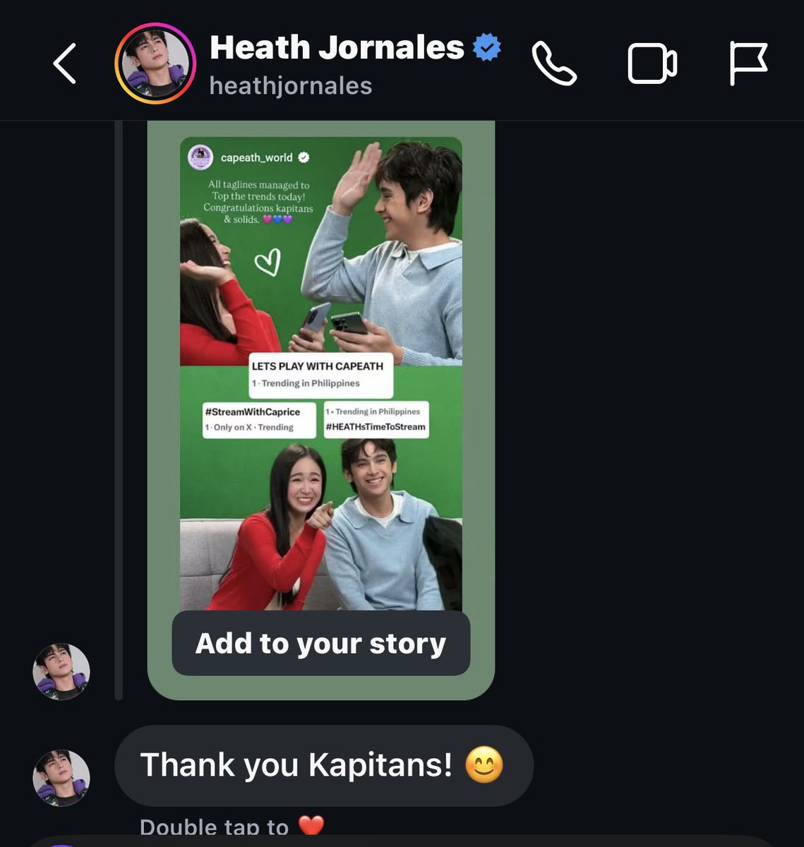 capeathworld's tweet photo. A message from Heath 💜 #CapEath 

To all shippers and solids who joined yesterday. Thank you so much 🩷💙💜

We managed to bring all taglines to Top 1 on trend lists. Congratulations! 

#HeathJornales #CapriceCayetano https://t.co/p71AaN0UCx