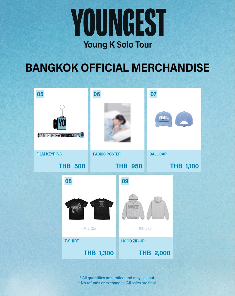 ThaiTicketMajor's tweet photo. Young K Solo Tour in BANGKOK
[ประกาศขายสินค้าที่ระลึก]
 
📆 10 ตุลาคม 2569
📍  Samyan Mitrtown Hall
⏰ การแสดงเริ่ม : 17.00 น.
⏰ เวลาเปิดจำหน่ายสินค้า : VIP 12:00 / GA 13:00 

💰 ช่องทางการชำระเงิน: รับชำระด้วยเงินสด, โอนเงิน, บัตรเดบิต , บัตรเครดิต , Wechat , Alipay (บัตรเครดิตมีค่าธรรมเนียม 3%)
⚠️ กรุณาตรวจสอบสินค้าให้เรียบร้อยที่บูธ เมื่อลูกค้าออกจากบูธแล้ว จะไม่สามารถเปลี่ยนหรือคืนสินค้าได้
⚠️ สินค้ามีจำนวนจำกัด และไม่มีจำหน่ายทางออนไลน์

Young K Solo Tour in BANGKOK
[Official Merchandise Sales Notice]
 
📆 10 October 2026
📍  Samyan Mitrtown Hall
⏰ Show Starts : 17:00
⏰ Merchandise Booth Opens : VIP 12:00 / GA 13:00 

💰 Payment Methods Accepted: Cash, Bank Transfer, Debit Card, Credit Card , Wechat , Alipay (A 3% processing fee applies to credit card payments.)
⚠️ Please double-check your items at the booth. Once you leave the booth, exchanges or refunds will not be accepted.
⚠️ Limited Stock: Items are available in limited quantities and not available online.

#DAY6 #데이식스 #YoungK #영케이 #YOUNGEST #YoungK_Solo_Tour_YOUNGEST #LiveNationTero #TicketMasterTH #Thaiticketmajor