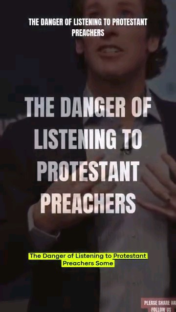 A man in a suit speaks in the background of a meme-style image overlaid with bold white text reading 'THE DANGER OF LISTENING TO PROTESTANT PREACHERS' and a yellow caption box repeating the same phrase.
