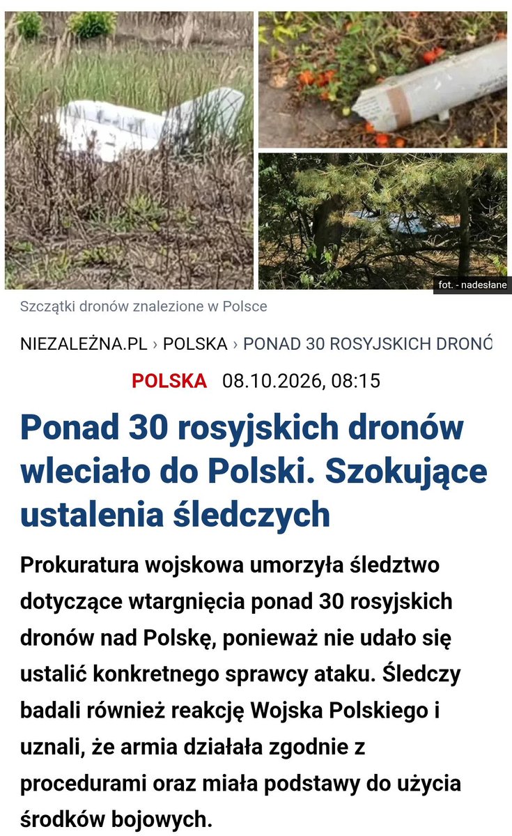 coolfonpl's tweet photo. Prokuratura nie była w stanie ustalić kto wypuścił te drony.  🤡

Rosjan w to nie można było uwikłać, ponieważ te drony mają za mały zasięg, by dolecieć z Rosji.
A Ukrainy, wiadomo, nie oskarżą.

Więc umorzyli. Jak Przewodów. https://t.co/lfWrxWc8x7