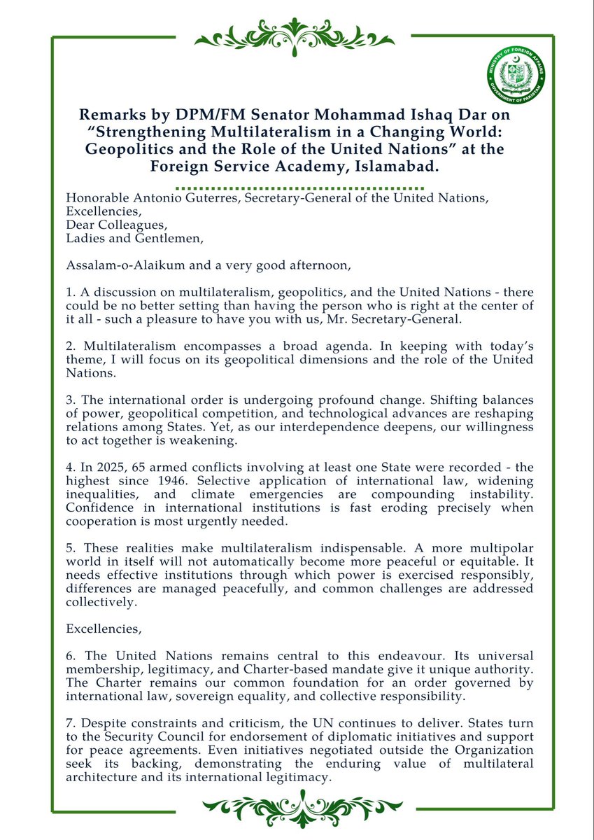 TauseefAmin1234's tweet photo. Remarks by Deputy Prime Minister/Foreign Minister Senator Mohammad Ishaq Dar @MIshaqDar50 on “Strengthening Multilateralism in a Changing World: Geopolitics and the Role of the United Nations” at the Foreign Service Academy, Islamabad.
@ForeignOfficePk https://t.co/EiJZVo6ORi