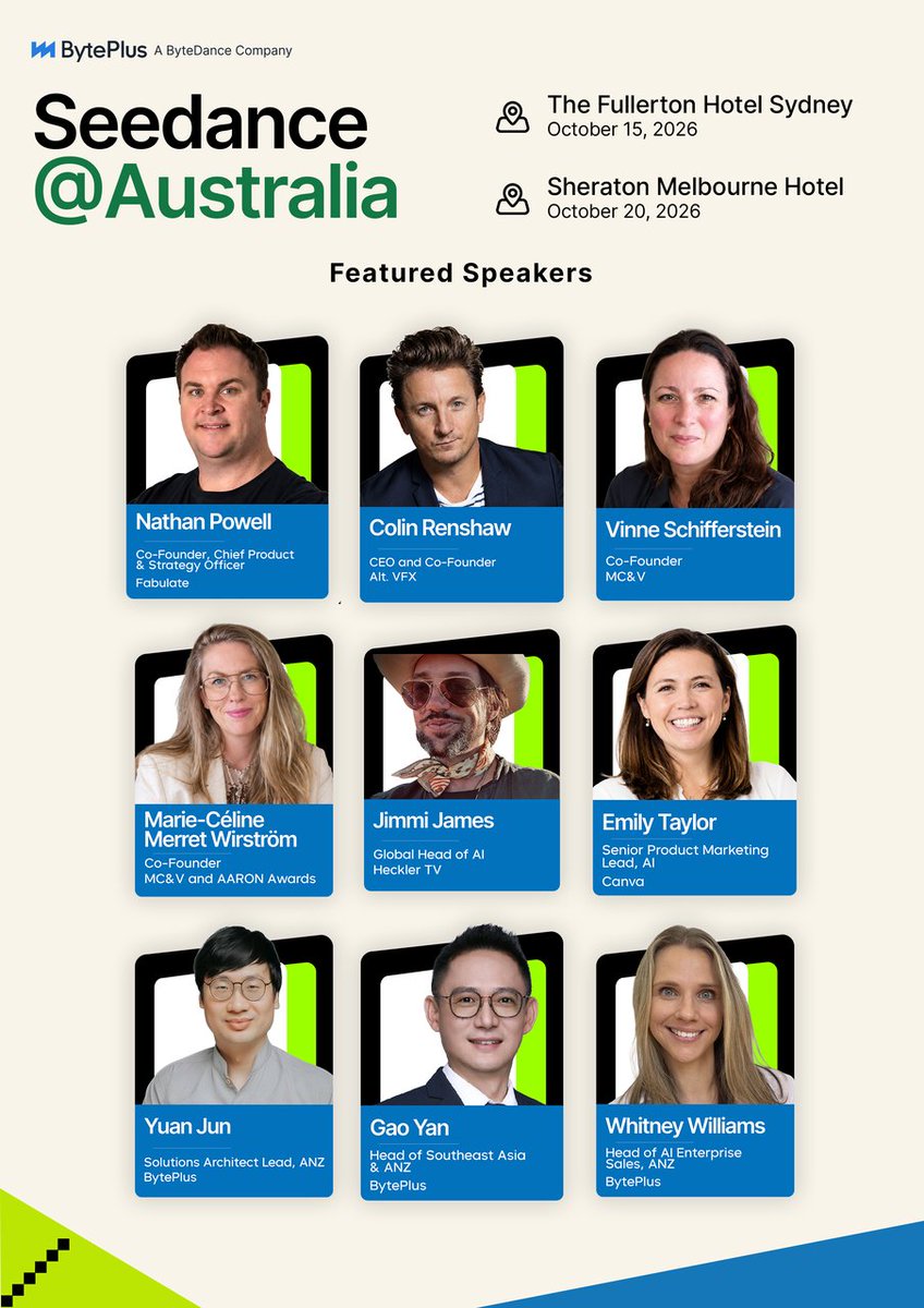 BytePlusGlobal's tweet photo. One week to go — Seedance @ Australia!

We're bringing together leaders across creative production, advertising, media, content and technology for an afternoon of industry conversations, live demos and real-world perspectives.

Expect: 
🎬 Dreamina Seedance 2.5 in action
💡 Insights from BytePlus, Canva, Heckler TV, MC&V, Fabulate & more
🎤 Conversations on what's changing in creative production
🤝 Opportunities to connect with industry peers

Choose your city:
📍 Sydney — 15 Oct 
https://t.co/jJL0SyVbhd
📍 Melbourne — 20 Oct  https://t.co/oiZi83YGUo

See you in Sydney or Melbourne!

#BytePlus #Seedance #ContentCreation #CreativeProduction #Australia