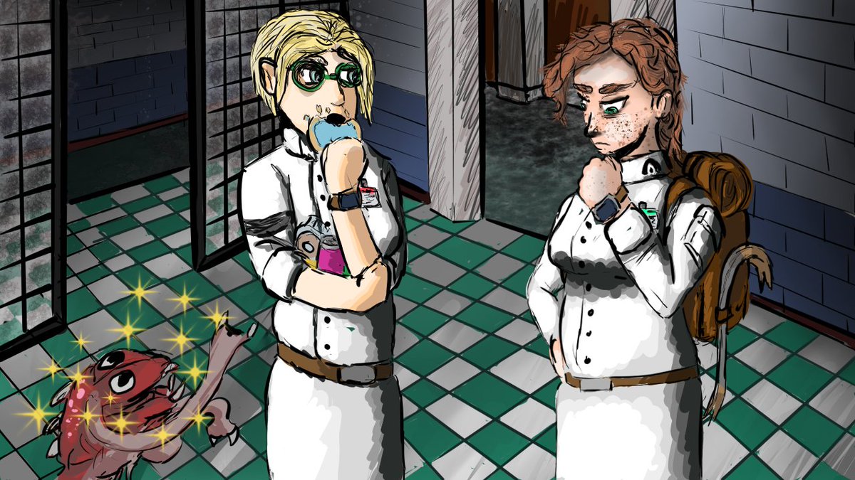 ABFGame's tweet photo. CandelitDreams and fellow scientist are contemplating everything they've achieved since they arrived at GATE. 

#FanArtFriday https://t.co/4Bb8AKre3J