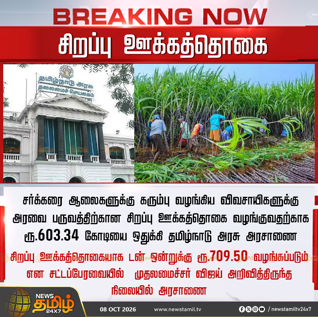 NewsTamilTV24x7's tweet photo. Breaking News | சிறப்பு ஊக்கத்தொகை

சர்க்கரை ஆலைகளுக்கு கரும்பு வழங்கிய விவசாயிகளுக்கு அரவை பருவத்திற்கான சிறப்பு ஊக்கத்தொகை வழங்குவதற்காக ரூ.603.34 கோடியை ஒதுக்கி தமிழ்நாடு அரசு அரசாணை

சிறப்பு ஊக்கத்தொகையாக டன் ஒன்றுக்கு ரூ.709.50 வழங்கப்படும் என சட்டப்பேரவையில்  முதலமைச்சர் விஜய் அறிவித்திருந்த நிலையில் அரசாணை

Sugarcane Farmers | Government Fund | CMVijay

#Sugarcane #Farmers #GovernmentFund #CMVijay