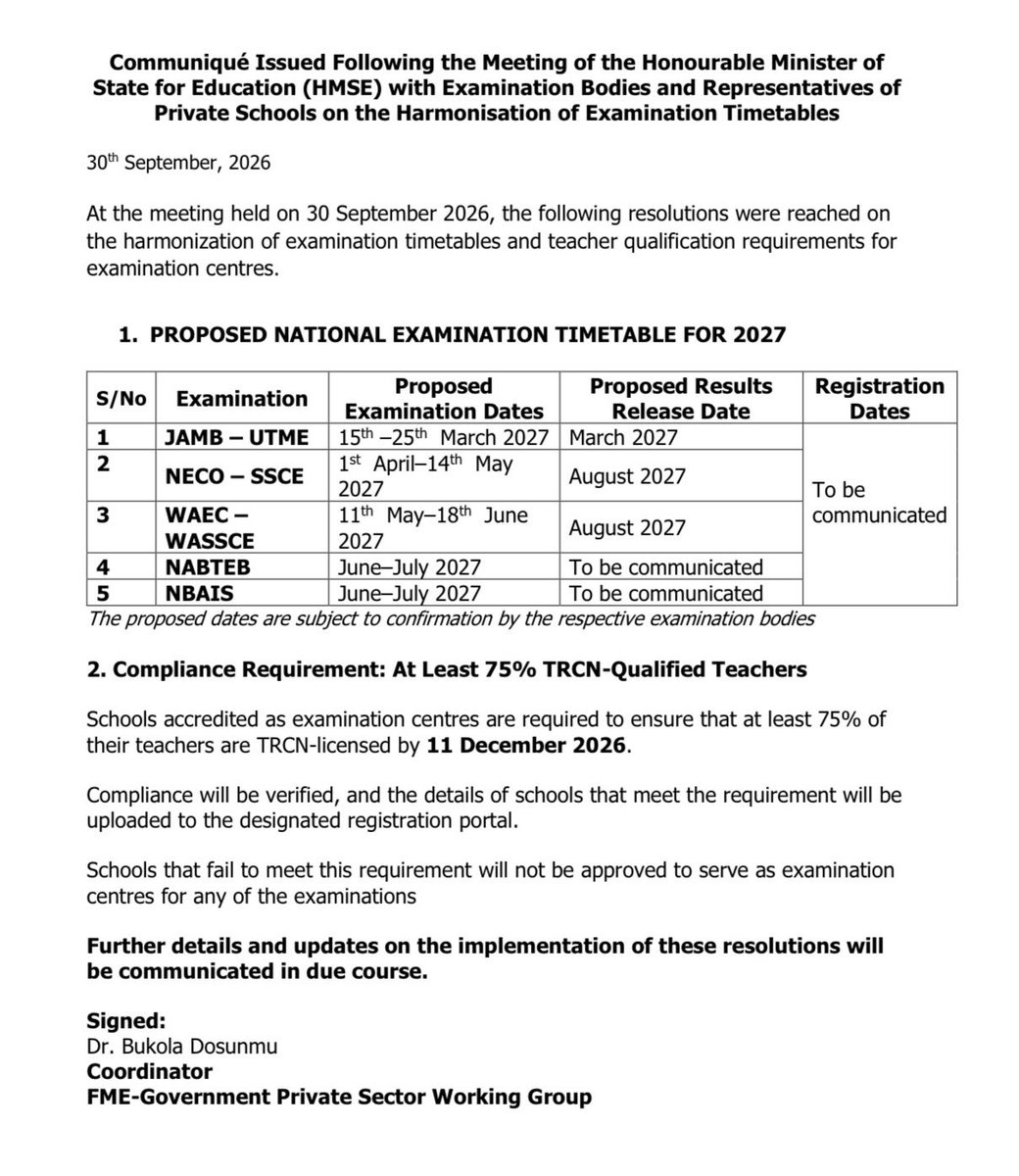 winexviv's tweet photo. WAEC has officially been deprioritized in Nigeria.

Starting in 2027, NECO examinations will be conducted before WAEC, and NECO results will also be released ahead of WAEC results to enable students to pursue their university admissions without unnecessary delays.

Students may no longer be required to sit for WAEC from 2027.

When we raised our concerns, WAEC was nonchalant and failed to take them seriously.

NECO must now step up and ensure excellence, credibility, and integrity in its examinations.