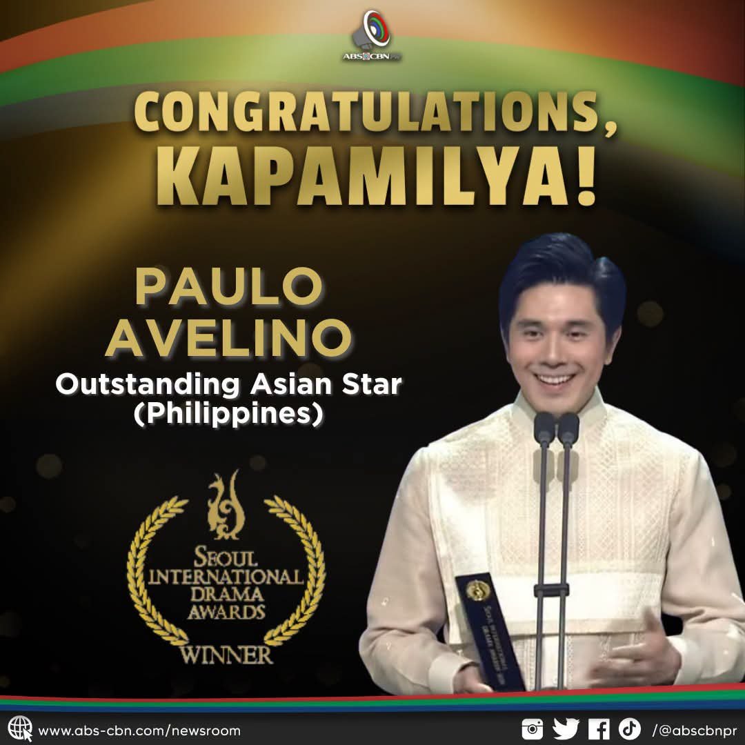 ABSCBNpr's tweet photo. Congratulations, Paulo Avelino, on being named the Philippines’ Outstanding Asian Star 2026 at the Seoul International Drama Awards! 🥳

We are proud of you. Sa bawat tagumpay, magkasama tayo, Kapamilya! ❤️💚💙

#MagkasamaTayosaBawatKwento #SeoulInternationalDramaAwards2026 https://t.co/fcrp1gjQn0