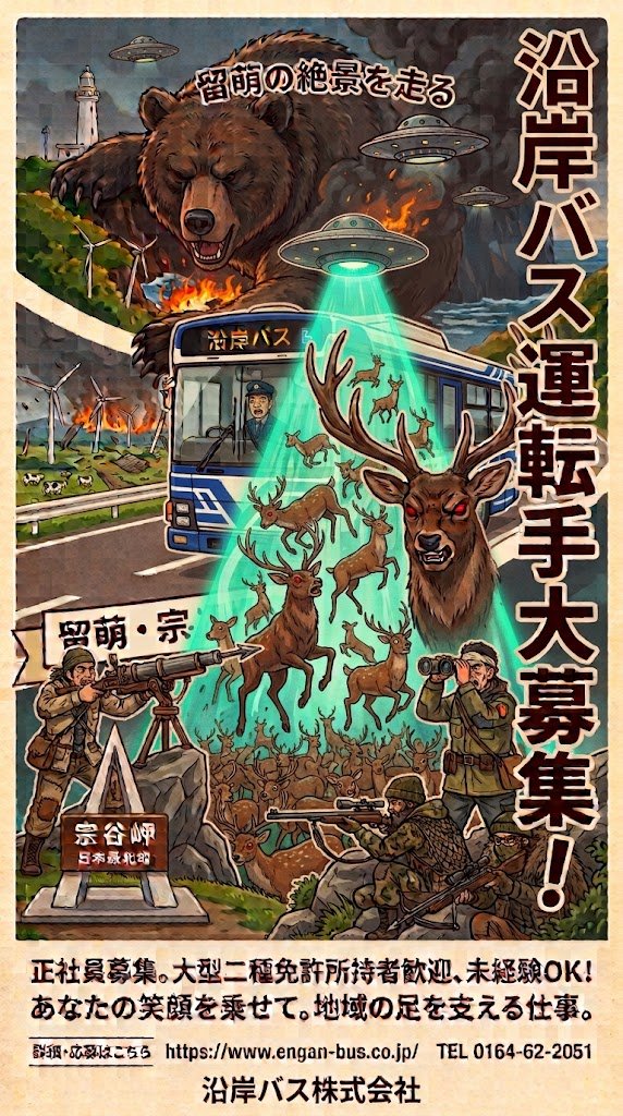 enganbus's tweet photo. ［画像］
時代はAIと聞いたので、沿岸バスの運転手募集のポスターを作ってみたのですが、何度繰り返しても思い通りに行きません。どうも当職とは愛称が良くないようです。　#沿岸バス https://t.co/bmhz3mxHng