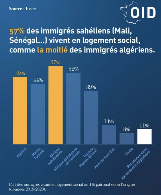 guillaume_ggc's tweet photo. C'est absurde. La 🇫🇷 est en crise budgétaire et nous avons une immigration de guichet social :
• immigrés sahéliens : + de 50% en HLM (contre 11% des Français et 8% des immigrés chinois)
• 39% (!) des Algériens en France sont inactifs (contre 12% des Français et 13% Portugais) https://t.co/eVRmgP9CyU