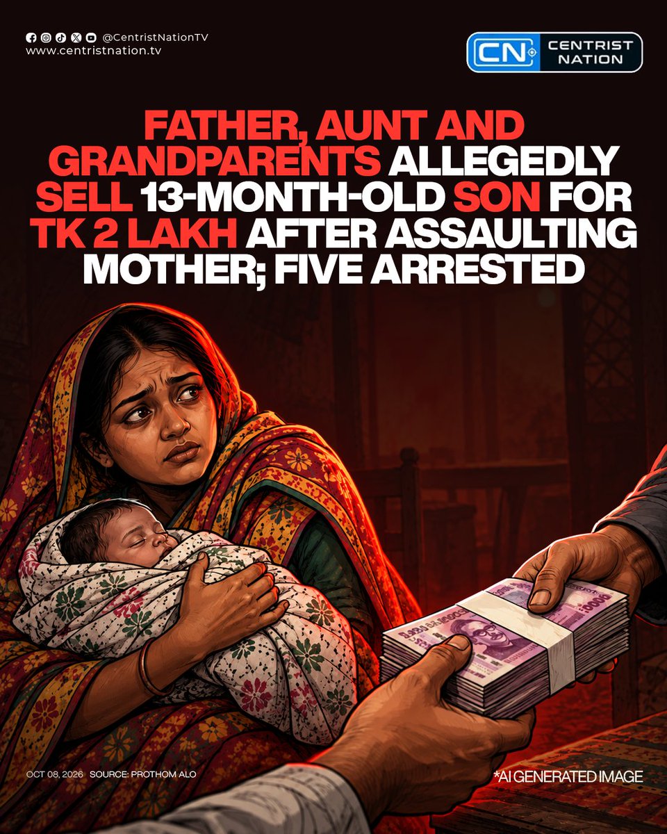 centristnattv's tweet photo. Police have rescued a 13-month-old boy allegedly sold for Tk 2 lakh by his father and relatives in Mymensingh’s Ishwarganj upazila. The child was recovered from a couple in Dhaka’s Dohar area. Five people, including the child’s grandparents and aunt, have been arrested. Police said further investigation is underway.

#ChildSafety #PoliceRescue #Mymensingh #CentristNation