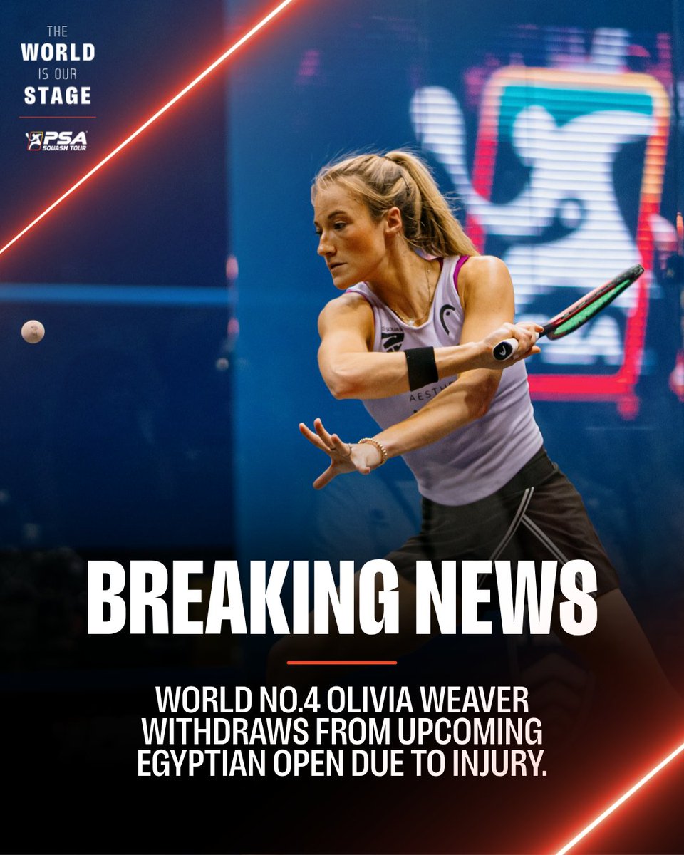 PSASquashTour's tweet photo. 📝 Big news from the upcoming CIB Egyptian Open 🇪🇬

World No.4 @Olivia_Weaver1 has withdrawn from the Diamond-level event due to injury, with @sangari_99, @ginakennedyy &amp; @rowanelarabyy all making notable moves up the seedings.

Full draw changes 👉 https://t.co/uimbLnaZYX https://t.co/RmSGti8eyT