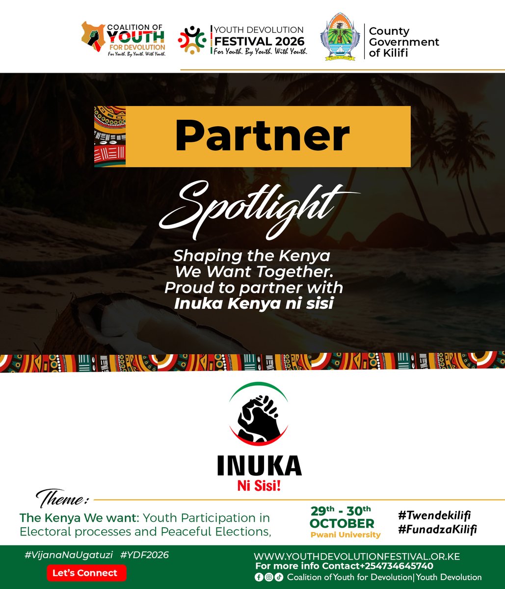 YouthDevolution's tweet photo. Partnership Spotlight | Inuka Ni Sisi
Together we're shaping the Kenya We Want
We’re proud to spotlight @nisisikenya as a partner of the Youth Devolution Festival (YDF) 2026.

#InukaNiSisi #YDF2026 #VijanaNaUgatuzi #TheKenyaWeWant #YouthDevolution  #TwendeKilifi https://t.co/57M1gUTkx8