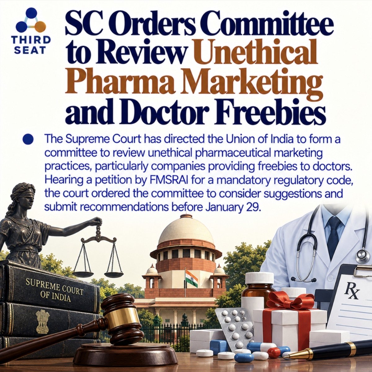ThirdSeat_org's tweet photo. SC Directs Centre to Form Panel on Unethical Pharma Marketing & Doctor Freebies.
@MoHFW_INDIA @JPNadda
#SupremeCourt #PharmaMarketing #HealthcareIndia #MedicalEthics #PharmaFreebies https://t.co/ntbrSImBxS