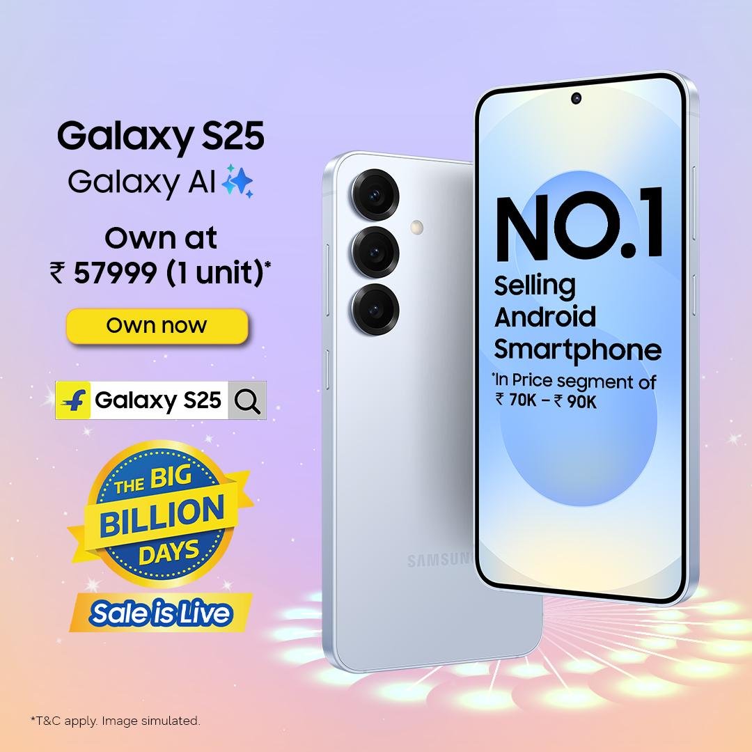 killers4756's tweet photo. Flagship performance without crossing the ₹60K mark. 👀 Samsung Galaxy S25 at ₹57,999 on Flipkart’s Big Billion Days Sale is exactly the kind of deal that makes you rethink your upgrade budget. Biggest Flagship Deal of BBD #GalaxyS25BestBBDDeal https://t.co/q92Ptx8wRl