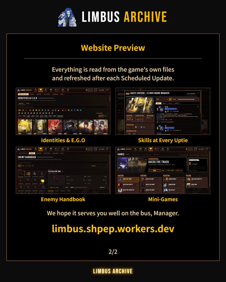 Hines123321's tweet photo. Greetings, Dear Manager.

Limbus Archive is now open in your browser: patch reports, every Identity, E.G.O and enemy, 20+ mini-games and an Extraction simulator.

Free, no login. Fan-made.

https://t.co/mYWleD3UGS

#LimbusCompany #림버스컴퍼니 https://t.co/XIA5s8b0ON