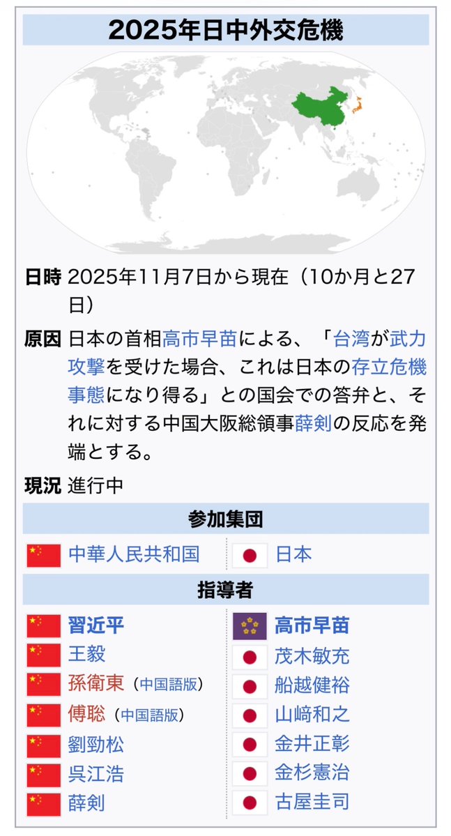 samisamyi's tweet photo. 台湾有事発言のwiki見てたらテンプレートが戦争のそれで笑えない https://t.co/i3IAP6M4XG