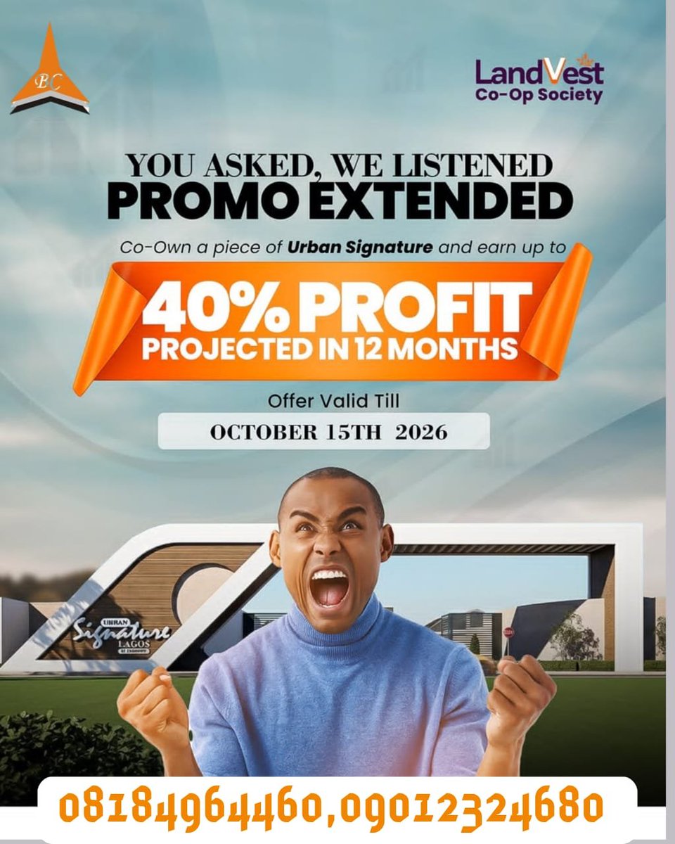 BELKALID's tweet photo. 🚨 YOU ASKED…WE LISTENED…SO WE ARE GIVING YOU MORE TIME!🚨

THE URBAN SIGNATURE PROMO JUST GOT EXTENDED! 🔥

You thought you missed it?
NOT YET..👀

You can still CO-OWN a piece of Urban Signature and target up to 40% PROJECTED PROFIT in just 12 MONTHS!

Yes — 40%.
Yes — 12 MONTHS.
And yes — THE WINDOW IS STILL OPEN!

But don’t get too comfortable… 😏

⏳ OFFER VALID TILL: OCTOBER 15TH, 2026

If you’ve been saying “I’ll get back to you”…

THIS IS YOUR “GET BACK TO YOU.” 😂🔥
Your spot.
Your stake.
Your opportunity.

Don’t just watch the opportunity…OWN A PIECE OF IT

Belkalid Consults 
+2348184964460
+2349012324680
https://t.co/wb3q5kxLZW

@BELKALID 

#BelkalidConsults 
#RealEstate #Nigeria #Property #NigeriaProperty