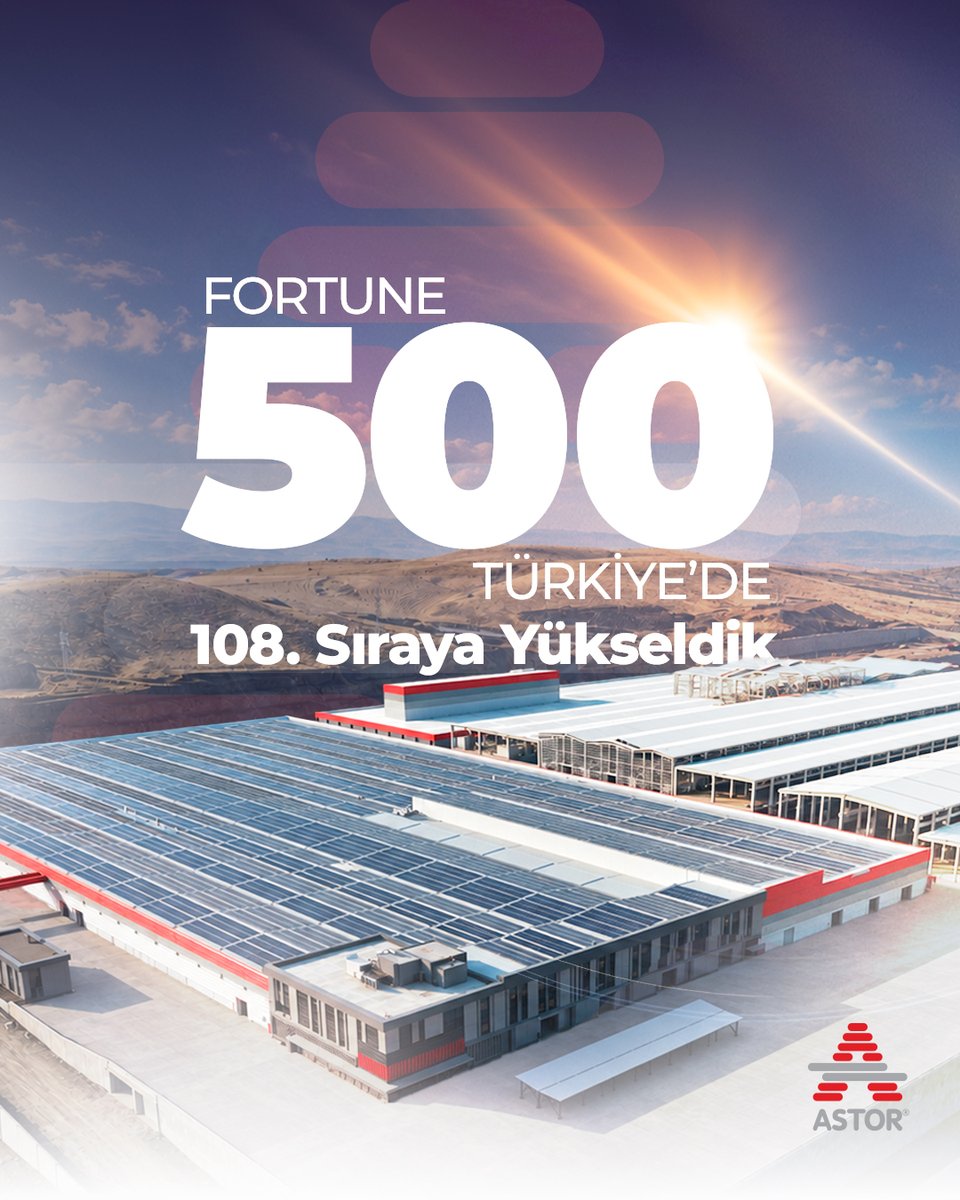 astorglobal's tweet photo. We have risen to 108th place in the Fortune 500 Turkey survey.

Having entered the Fortune 500 Turkey list at 456th place in 2017, we are continuing our long-term upward trend by reaching 108th place today.

We continue to grow through investments that strengthen our production capacity, export capabilities, and financial discipline. In the first half of 2026, we achieved revenue of 19.2 billion TL and increased our net income by 88% to 4.646 billion TL.

We are continuing our investments to further expand our production capabilities which extend from Turkey to the world and our presence in international markets.

TR

Fortune 500 Türkiye Araştırması’nda 108. sıraya yükseldik.

2017 yılında 456. sıradan dahil olduğumuz Fortune 500 Türkiye listesinde, bugün 108. sıraya ulaşarak uzun vadeli yükselişimizi sürdürüyoruz.

Üretim gücümüzü, ihracat kapasitemizi ve finansal disiplinimizi güçlendiren yatırımlarımızla büyümeye devam ediyoruz. 2026 yılının ilk yarısında 19,2 milyar TL hasılata ulaşırken, net dönem kârımızı %88 artırarak 4,646 milyar TL seviyesine taşıdık.

Türkiye’den dünyaya uzanan üretim gücümüzü ve uluslararası pazarlardaki varlığımızı daha da ileri taşımak için yatırımlarımıza devam ediyoruz.

#astorenerji #heryerde #everywhere
