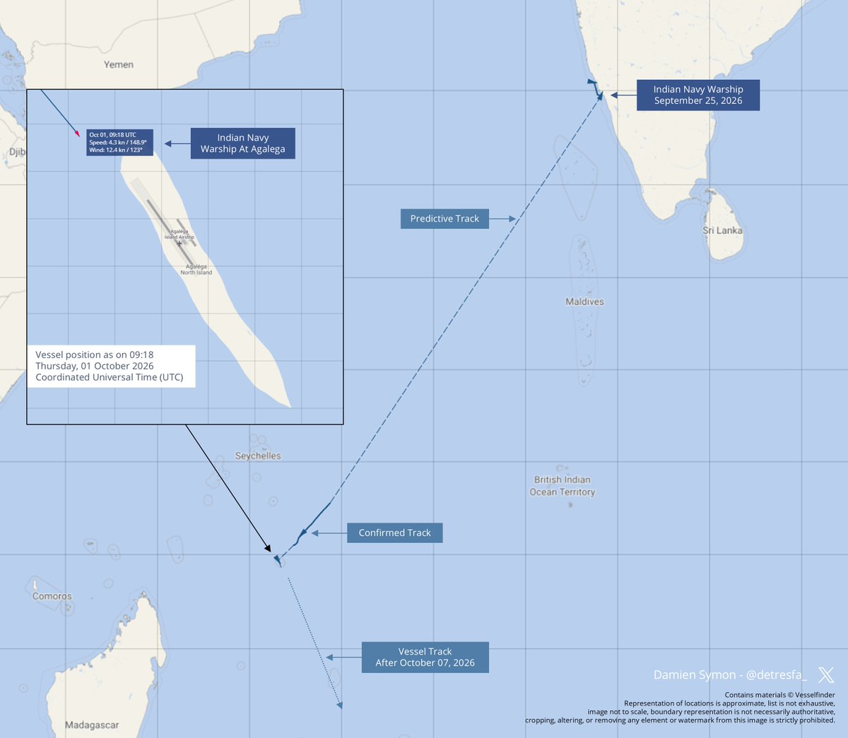 detresfa_'s tweet photo. On 1 October 2026, a vessel identifying as an Indian Warship on AIS arrived at Agalega, Mauritius - a suspected Indian military outpost in the Indian Ocean. 

Such visits are seldom observed/shared officially,  the vessel subsequently headed south &amp; remains active in the region. https://t.co/R20kBz3kW9
