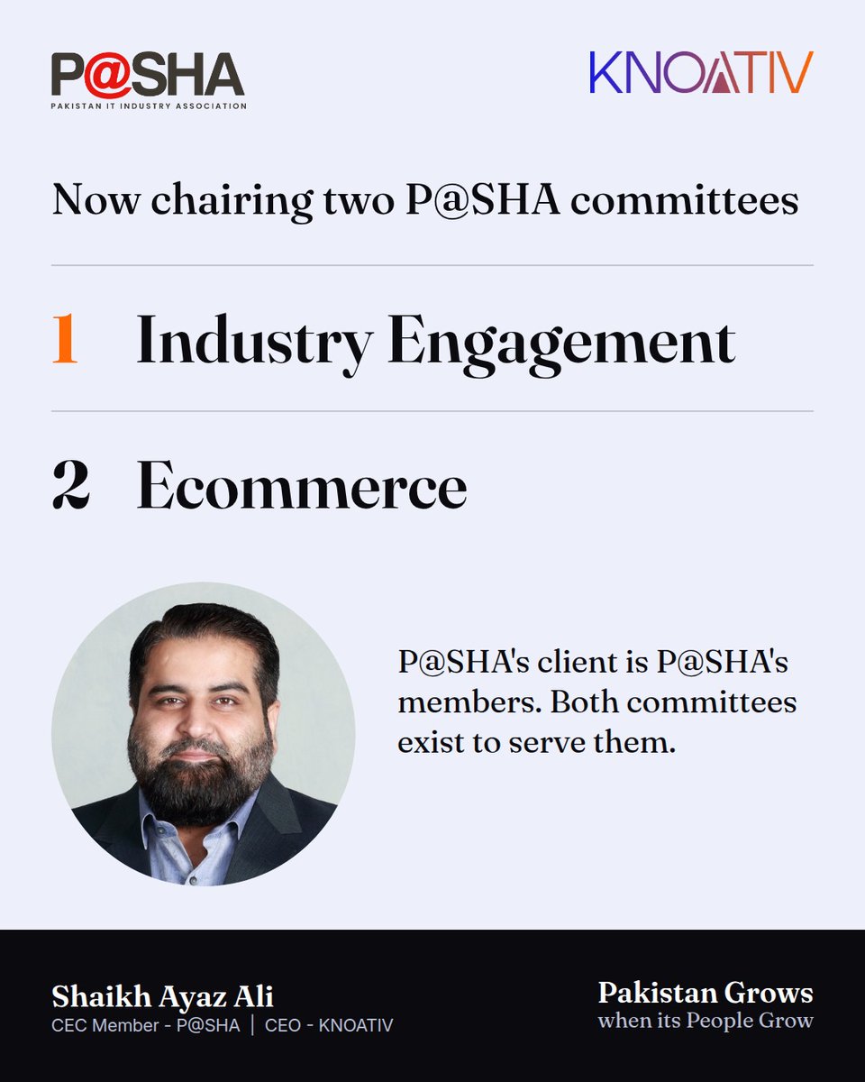 shaikhayazali's tweet photo. An honour and a privilege. I will be chairing two committees for P@SHA:

1. Industry Engagement
2. Ecommerce

P@SHA's client is P@SHA's members.

If you run a technology company in Pakistan, what is the 1 thing these committees should take up first?

@PASHAORG https://t.co/FhKE4wXolr