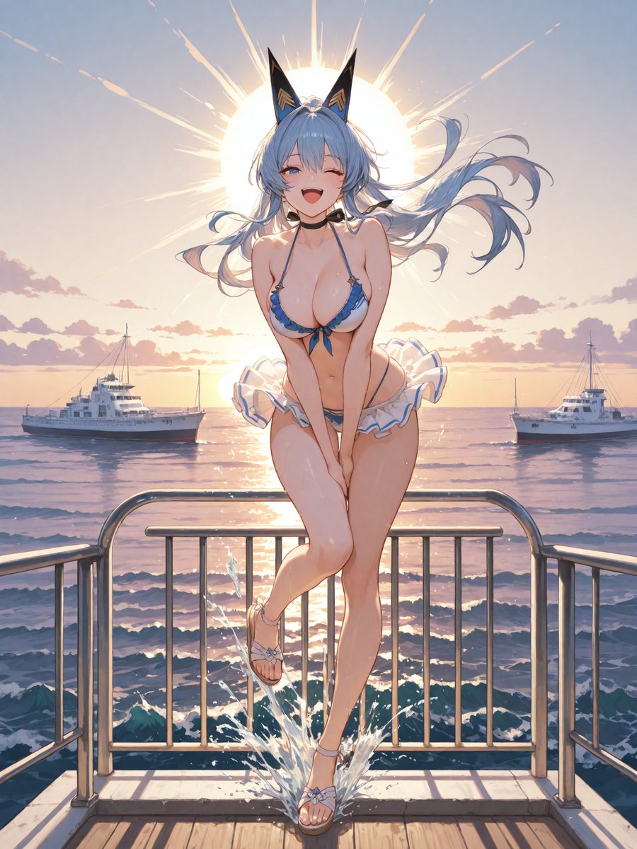 fantasygamedev's tweet photo. 指揮官、今日は水着でお出迎えです🌊💙
ウインクつきの特別サービス、受け取ってくださいね😉
夕日がきれいだから、あとで一緒に見ませんか?

#NIKKE #勝利の女神NIKKE #ヘルム #水着 #AIイラスト https://t.co/bp48wlWz3E
