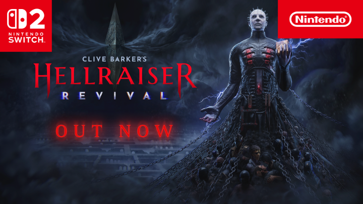 Promotional artwork for 'Clive Barker's Hellraiser: Revival' video game, now available on Nintendo Switch 2, featuring the iconic Pinhead character from the Hellraiser franchise.
