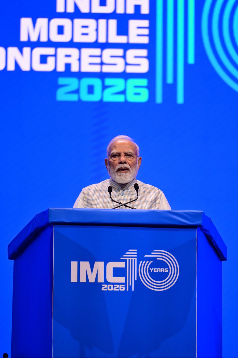 PIB_India's tweet photo. ◉ Prime Minister @narendramodi inaugurates 10th edition of India Mobile Congress

◉ It is encouraging to see India's telecom sector steadily moving towards greater self-reliance: PM

◉ Over the past 10-12 years, the mobile phone, along with being a medium of modern communication, has also emerged as a crucial tool for good governance, and this has been at the core of our Digital India vision: PM

◉ Today, hundreds of government services can be accessed on mobile phones; Government aid is now transferred directly into the accounts of the beneficiaries: PM

Details here: https://t.co/9y41V9nPO8

#IndiaMobileCongress