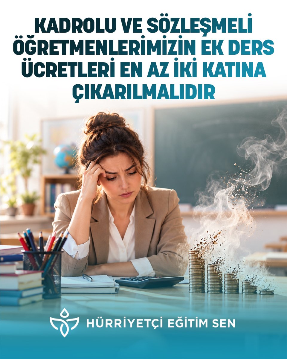 HurEgitimSen's tweet photo. KADROLU VE SÖZLEŞMELİ ÖĞRETMENLERİMİZİN EK DERS ÜCRETLERİ EN AZ İKİ KATINA ÇIKARILMALIDIR

Öğretmenlerimizin emeği, artan hayat pahalılığı ve yüksek enflasyon karşısında her geçen gün daha fazla değersizleşiyor.

2026 Temmuz-Aralık döneminde ek ders ücretleri brüt olarak gündüz için 220,57 TL, gece ve tatil günleri için 236,33 TL olarak uygulanıyor. Üstelik yüksek gelir vergisi kesintileri nedeniyle öğretmenlerimizin eline geçen net tutar yıl içinde ciddi biçimde azalıyor.

Eylül 2026 itibarıyla yoksulluk sınırının 123 bin TL'yi aşması, mevcut ek ders ücretlerinin ekonomik gerçeklerden ne kadar uzak olduğunu açıkça ortaya koyuyor.

Öğretmenlerimiz daha fazla fedakârlık değil, emeklerinin karşılığını istiyor.

Bu nedenle kadrolu ve sözleşmeli öğretmenlerimizin ekonomik kayıplarının giderilmesi ve çalışma koşullarının iyileştirilmesi amacıyla ek ders ücretlerinin en az iki katına çıkarılması talebiyle Millî Eğitim Bakanlığına başvuruda bulunduk.

@leventkuruoglu 
https://t.co/JzG4LON7M4