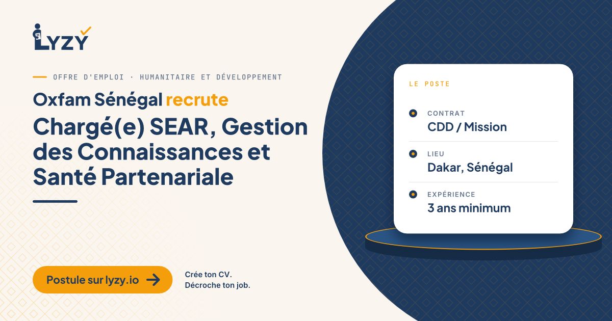 Lyzy_io's tweet photo. Oxfam Sénégal recrute un(e) Chargé(e) SEAR, gestion des connaissances et santé partenariale, à Dakar.
https://t.co/QTFuPvqiGy #Emploi #Senegal https://t.co/9btZGydATP