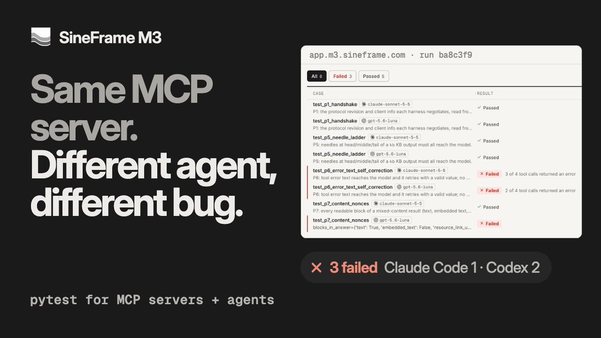 sineframeHQ's tweet photo. We know that testing MCPs with real agents and harnesses is a pain, and M3 helps you make that process seamless. Just give your agent the M3 skill, and see it write tests using M3, tests that work across Claude code and Codex, any version. https://t.co/6JNJckD1ge